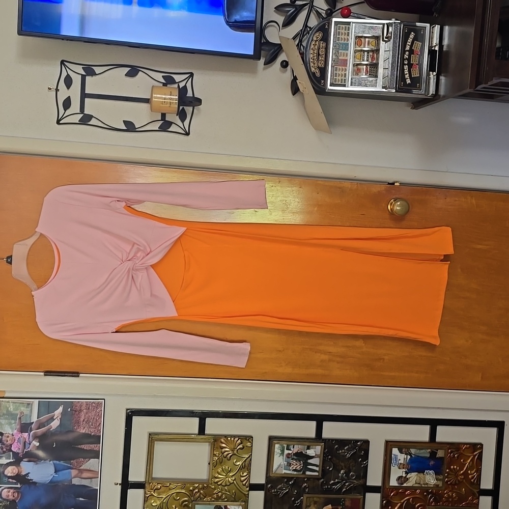 Pink Queen pull-on woman crew neckline sleeve midi dress.